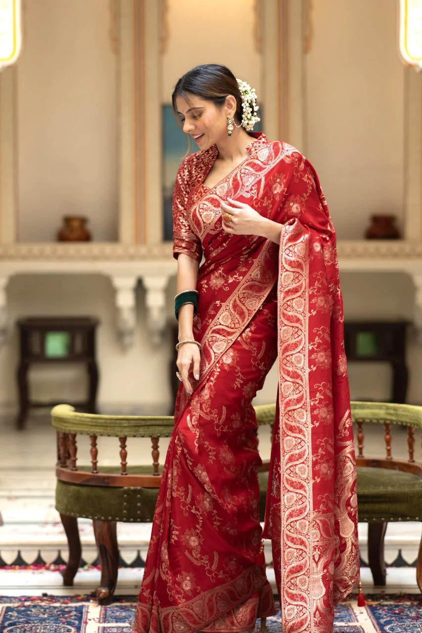 Scintilla Red Soft Silk Saree With Ebullience Blouse Piece