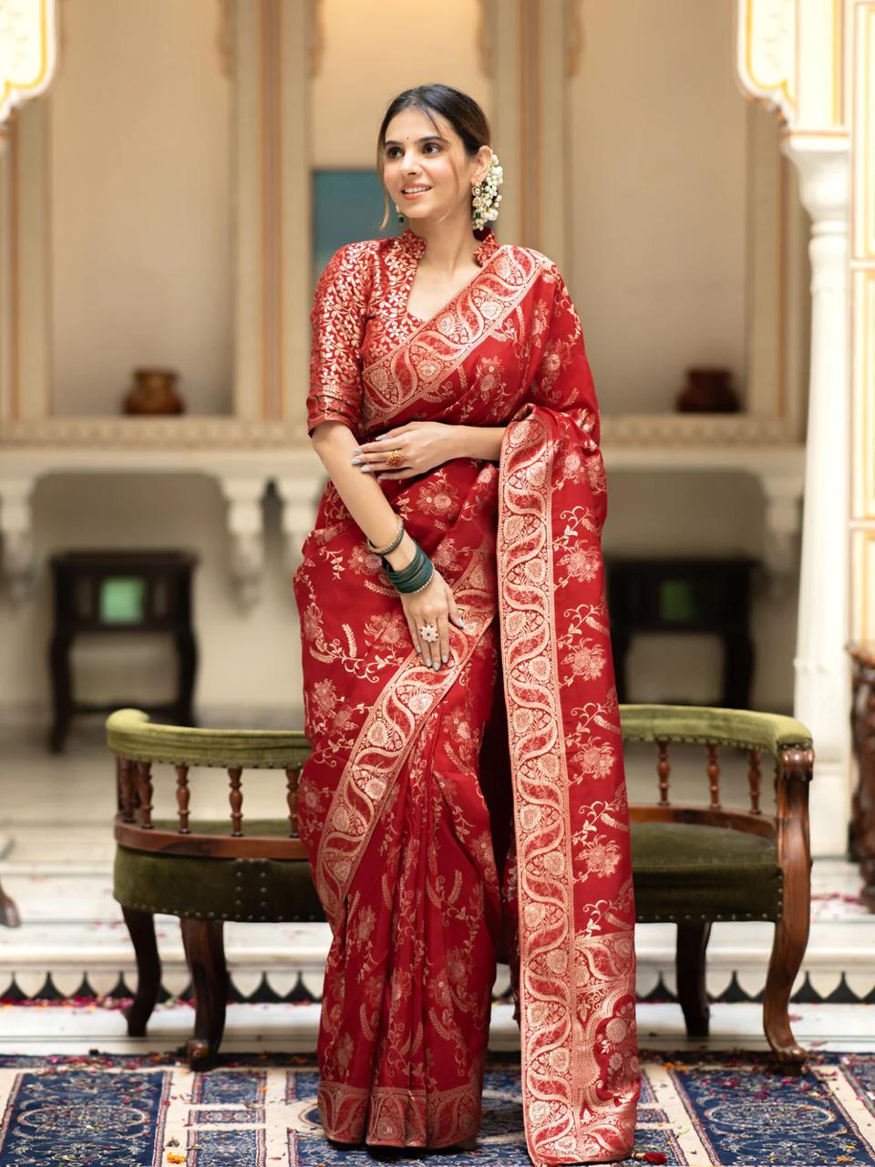 Scintilla Red Soft Silk Saree With Ebullience Blouse Piece