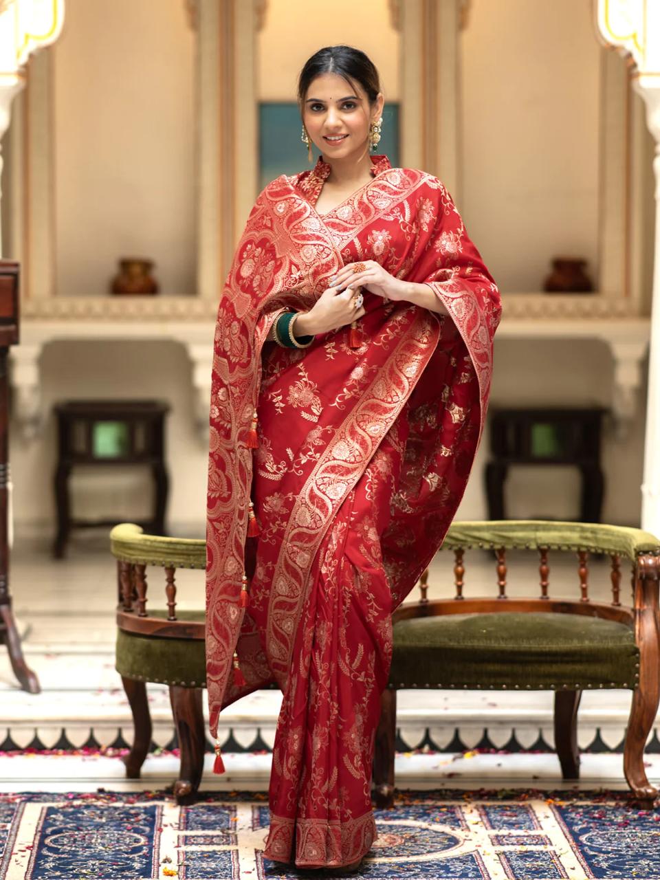 Scintilla Red Soft Silk Saree With Ebullience Blouse Piece