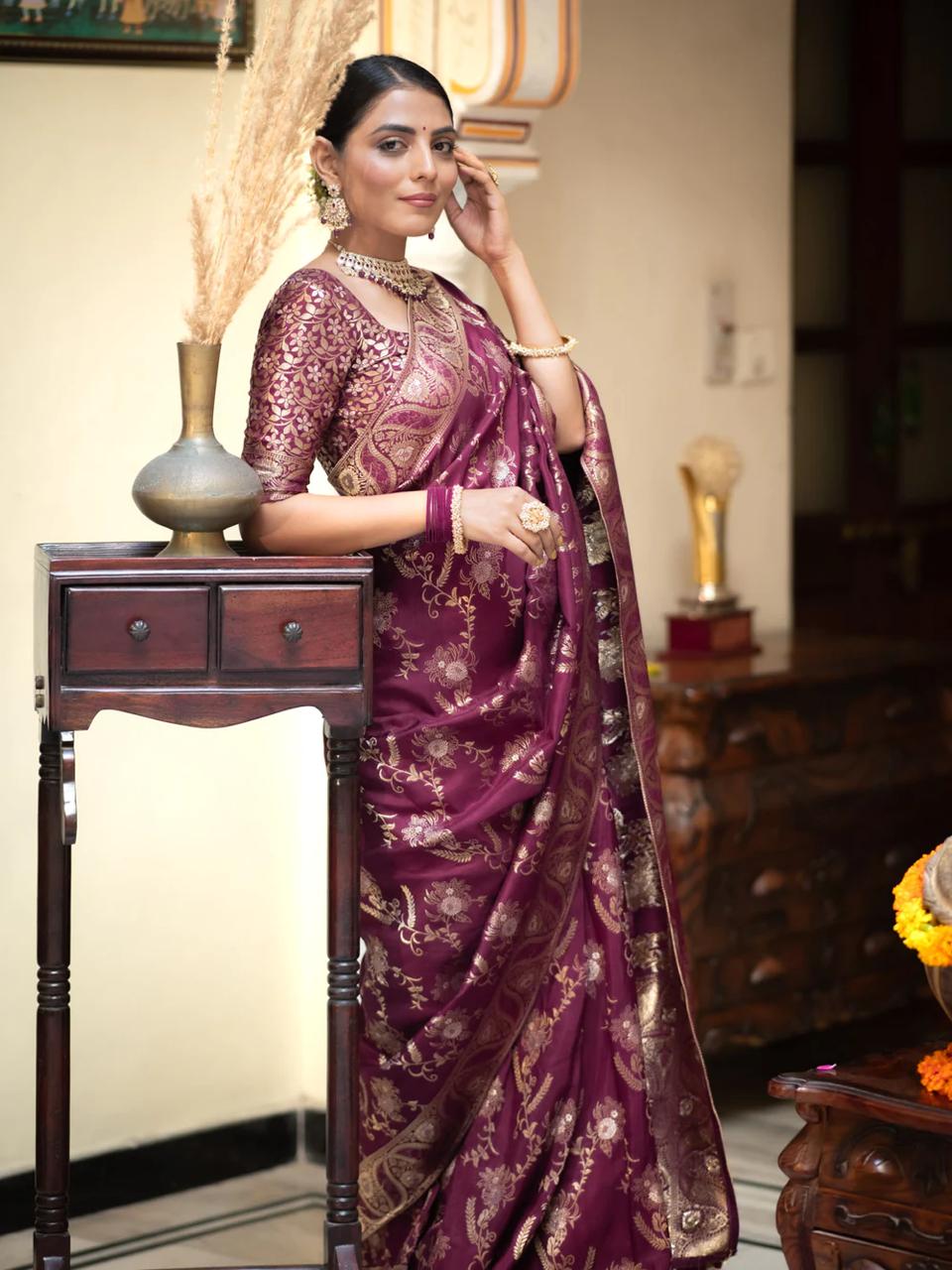 Most Wine Soft Silk Saree With Ephemeral Blouse Piece