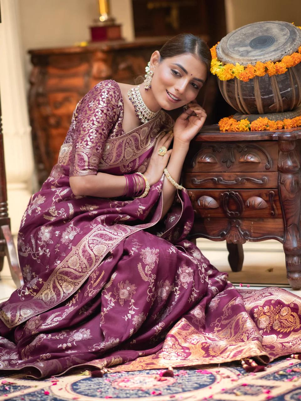 Most Wine Soft Silk Saree With Ephemeral Blouse Piece