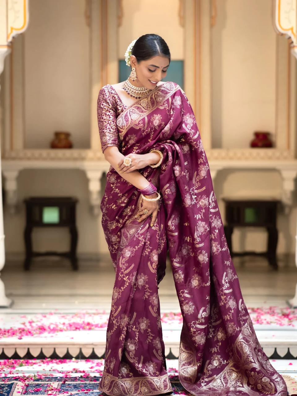 Most Wine Soft Silk Saree With Ephemeral Blouse Piece