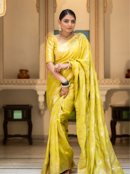 Flameboyant Yellow Soft Silk Saree With Whimsical Blouse Piece