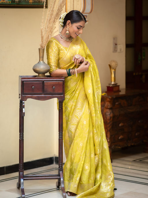 Flameboyant Yellow Soft Silk Saree With Whimsical Blouse Piece