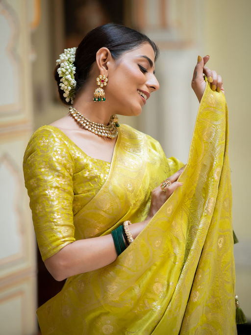 Flameboyant Yellow Soft Silk Saree With Whimsical Blouse Piece