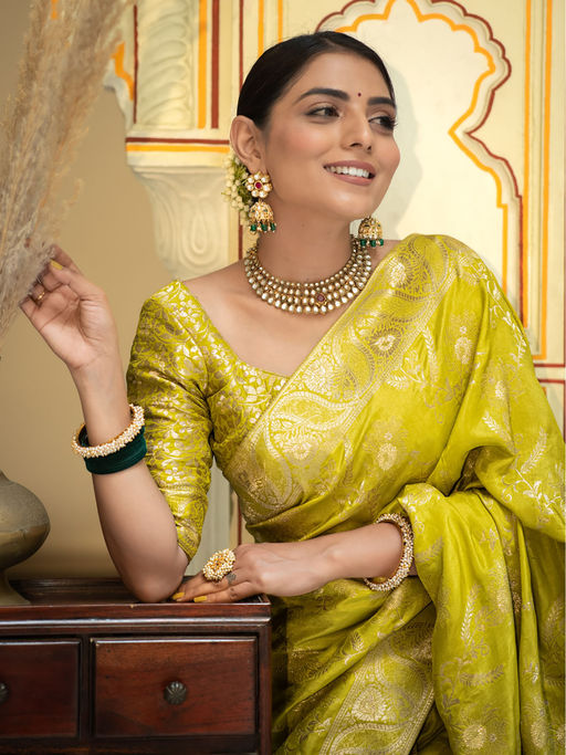 Flameboyant Yellow Soft Silk Saree With Whimsical Blouse Piece