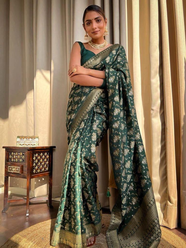 Stylish Dark Green Soft Silk Saree With Verdant Blouse Piece