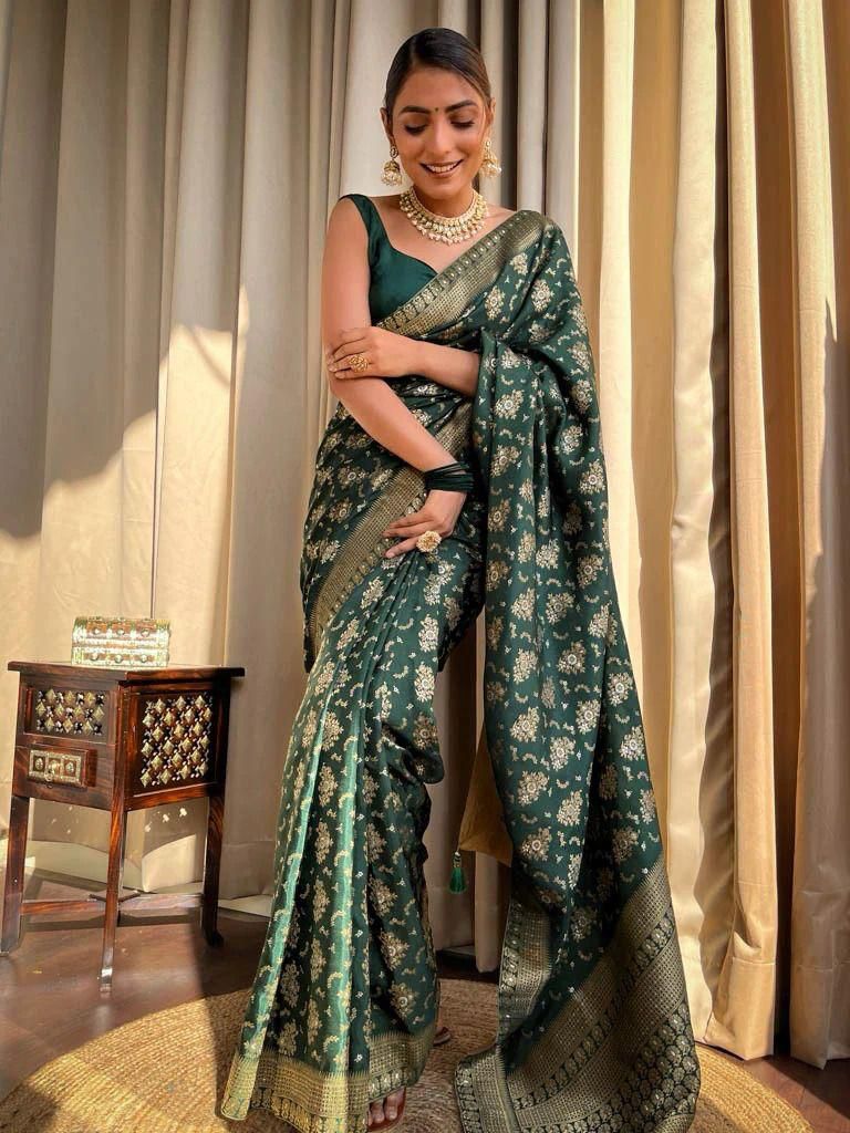 Stylish Dark Green Soft Silk Saree With Verdant Blouse Piece