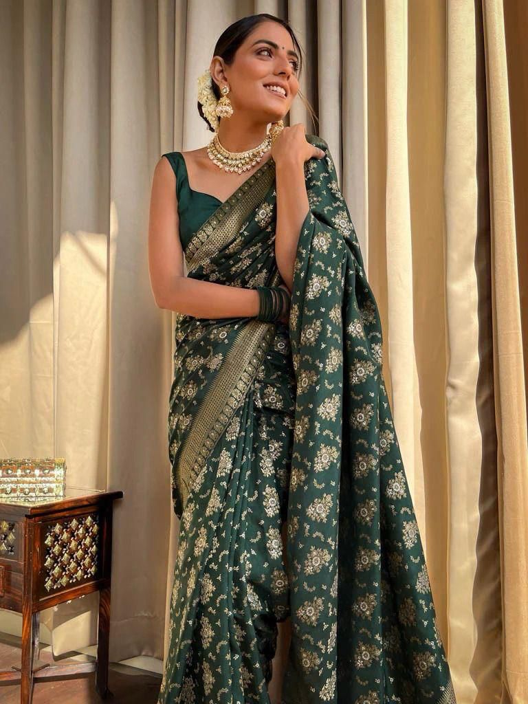 Stylish Dark Green Soft Silk Saree With Verdant Blouse Piece