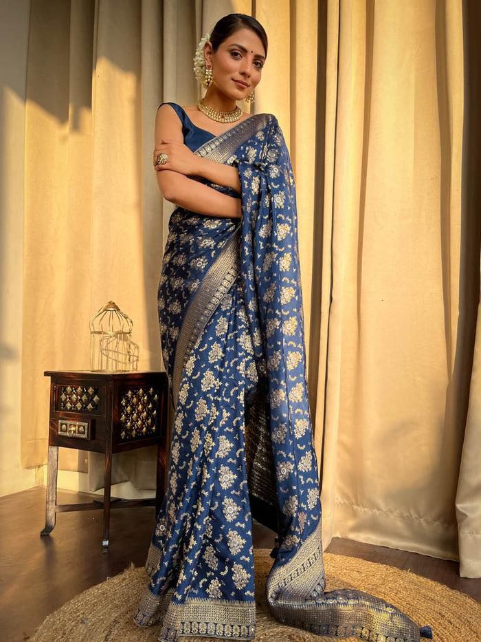 Girlish Navy Blue Soft Silk Saree With Effervescent Blouse Piece