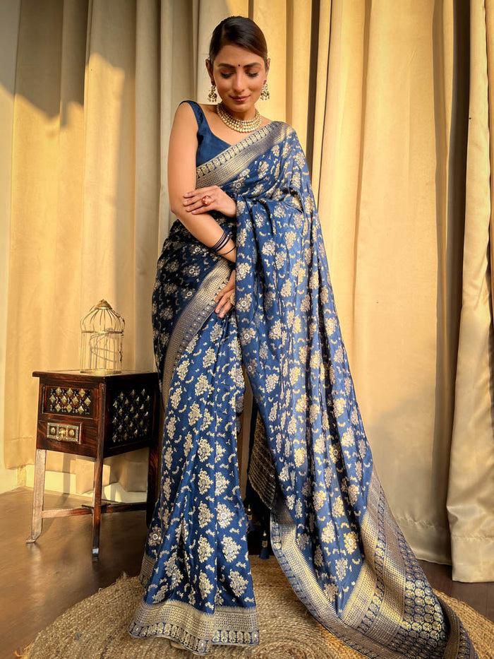 Girlish Navy Blue Soft Silk Saree With Effervescent Blouse Piece