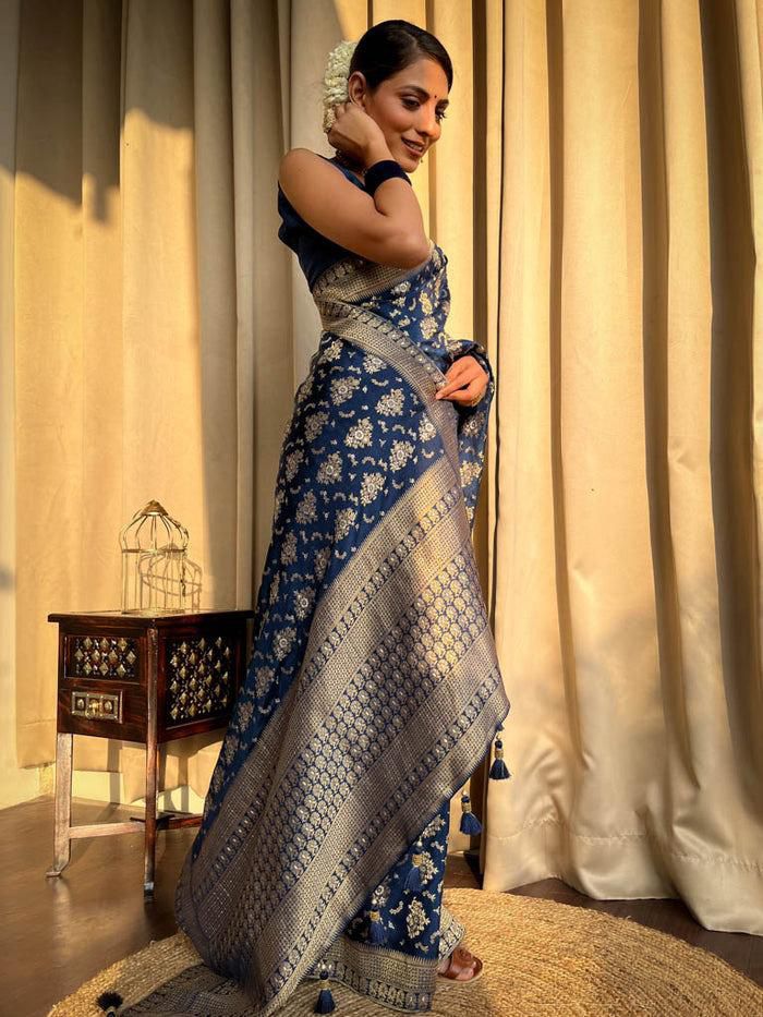 Girlish Navy Blue Soft Silk Saree With Effervescent Blouse Piece