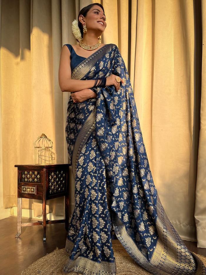 Girlish Navy Blue Soft Silk Saree With Effervescent Blouse Piece