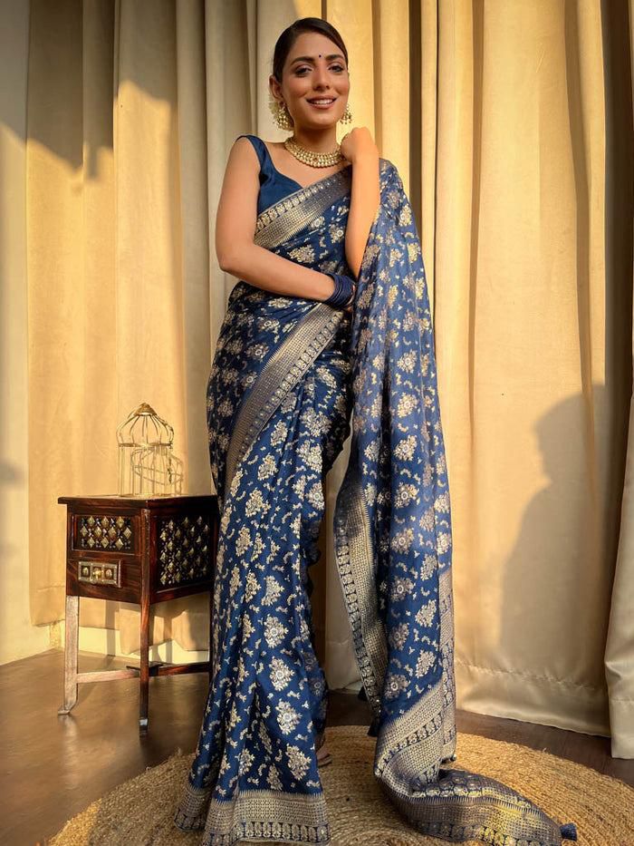 Girlish Navy Blue Soft Silk Saree With Effervescent Blouse Piece