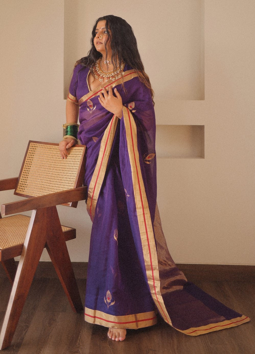 Beautiful Purple Cotton Silk Saree With Gleaming Blouse Piece