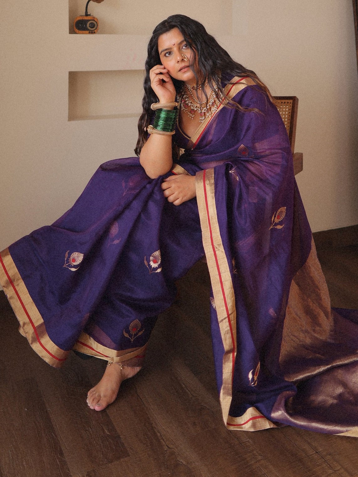 Beautiful Purple Cotton Silk Saree With Gleaming Blouse Piece