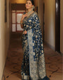 Charming Navy Blue Soft Silk Saree With Hypnotic Blouse Piece