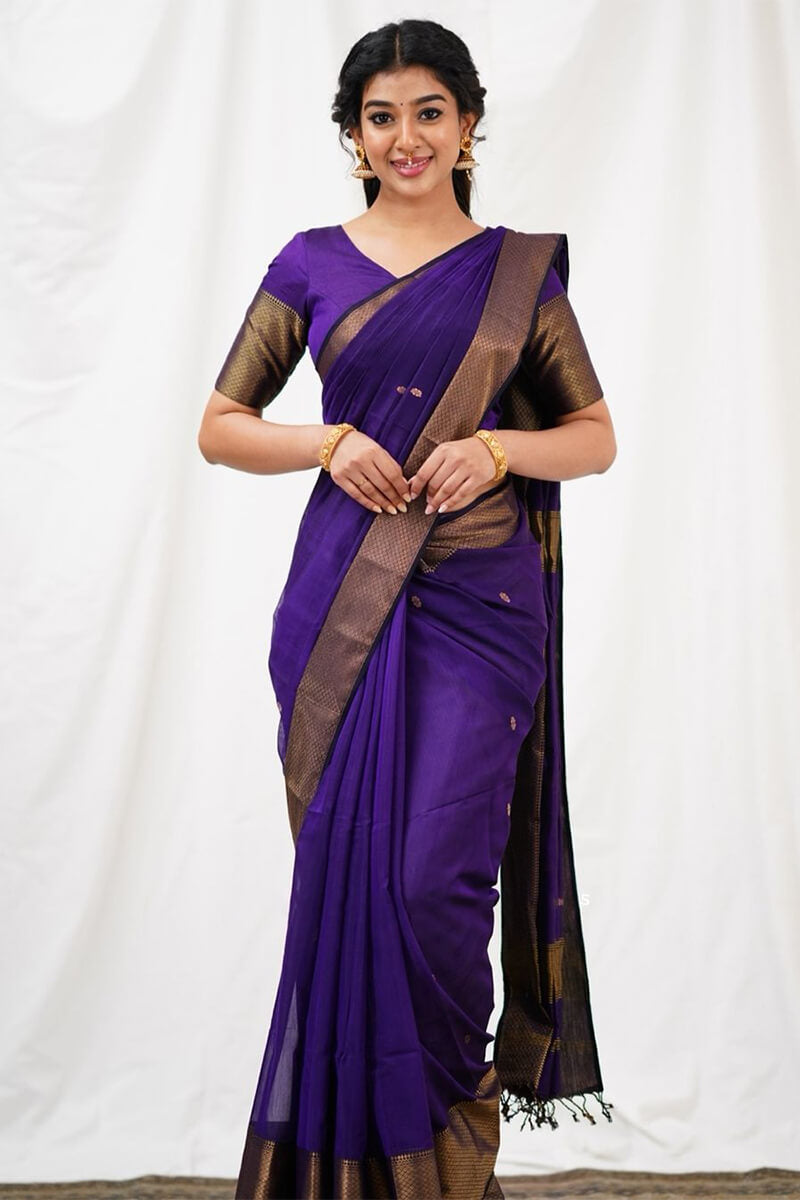 Precious Purple Cotton Silk Saree With Impressive Blouse Piece