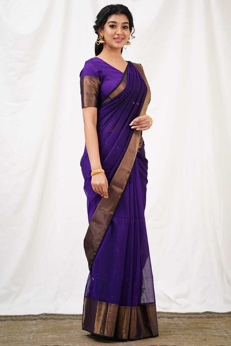 Precious Purple Cotton Silk Saree With Impressive Blouse Piece