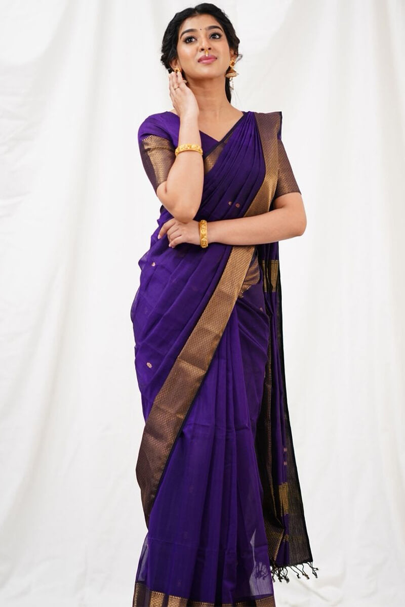 Precious Purple Cotton Silk Saree With Impressive Blouse Piece