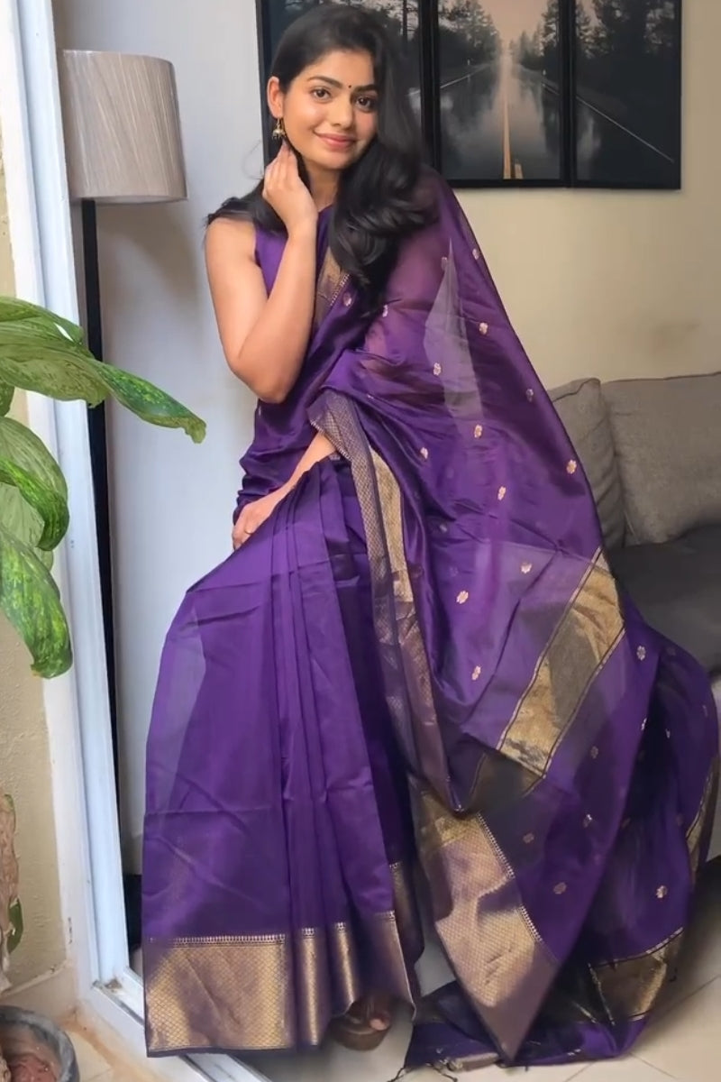 Phenomenal Purple Cotton Silk Saree With Designer Blouse Piece