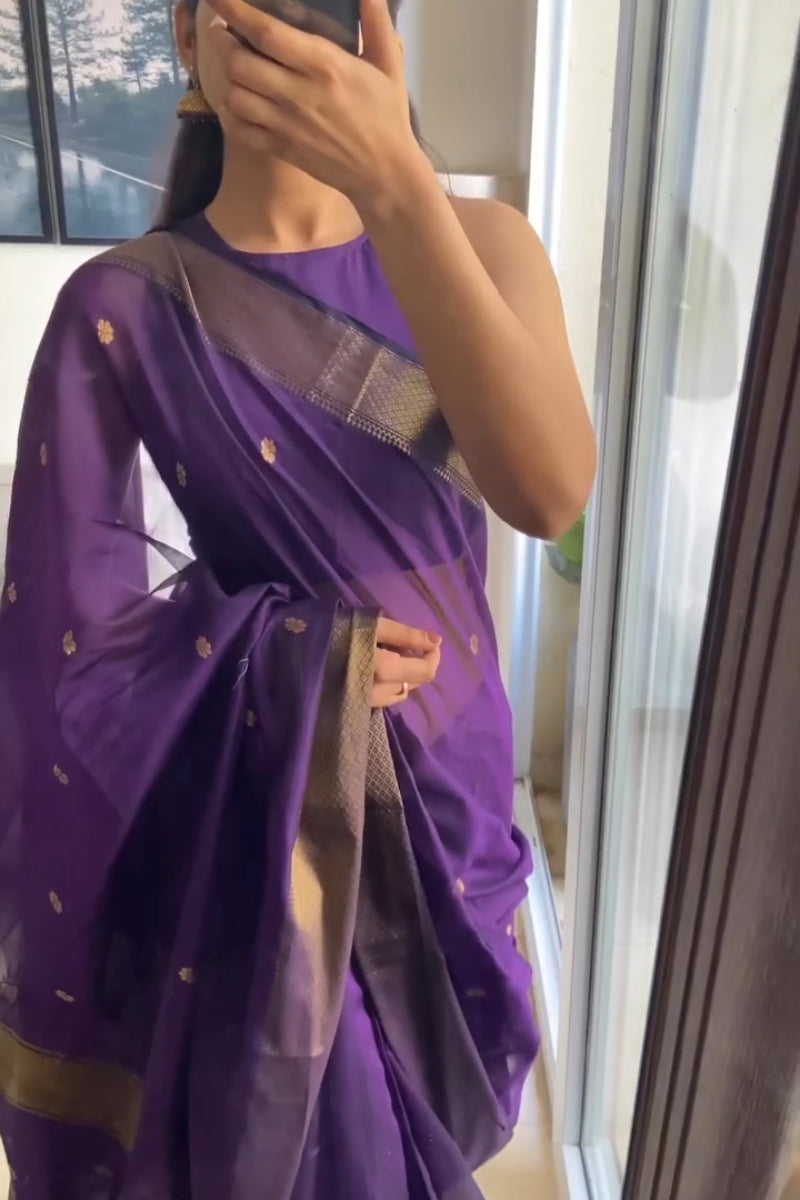 Phenomenal Purple Cotton Silk Saree With Designer Blouse Piece