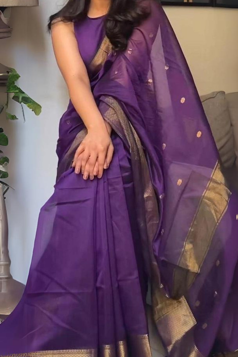 Phenomenal Purple Cotton Silk Saree With Designer Blouse Piece