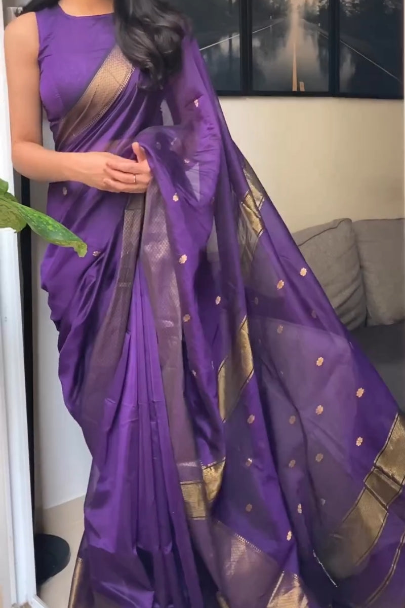 Phenomenal Purple Cotton Silk Saree With Designer Blouse Piece