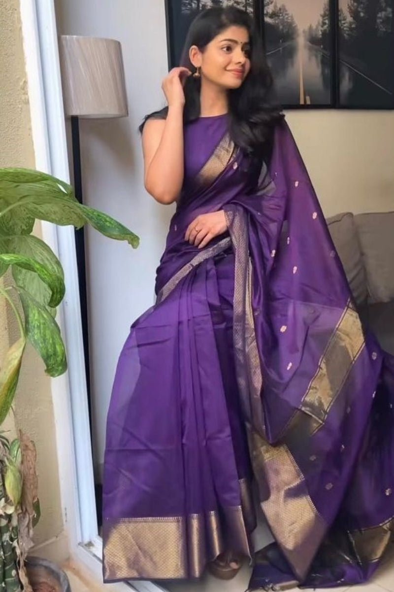 Phenomenal Purple Cotton Silk Saree With Designer Blouse Piece