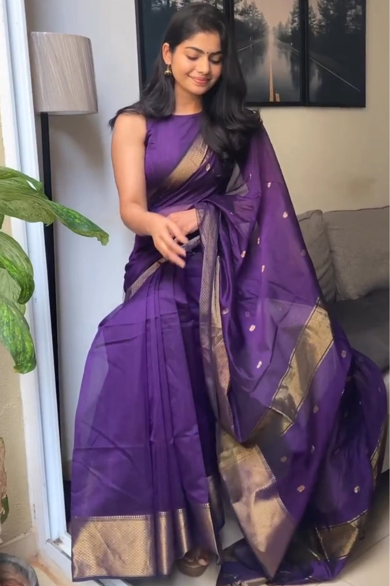 Phenomenal Purple Cotton Silk Saree With Designer Blouse Piece