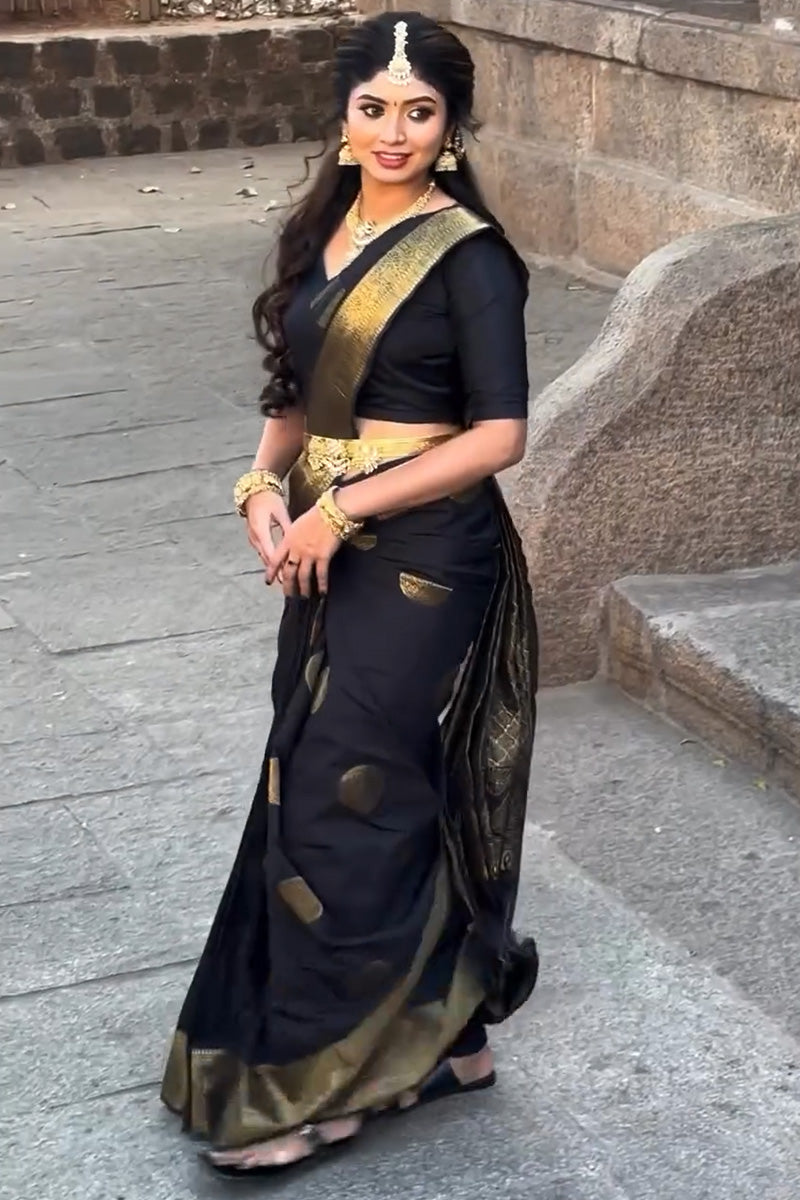 Lissome Black Soft Silk Saree With Ephemeral Blouse Piece