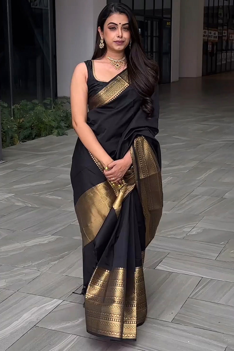 Designer Black Soft Silk Saree With Groovy Blouse Piece