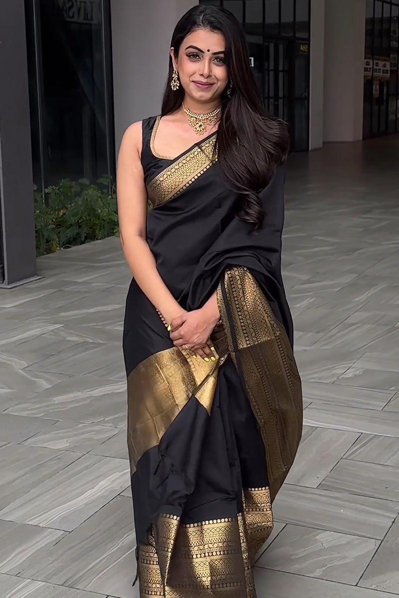 Designer Black Soft Silk Saree With Groovy Blouse Piece