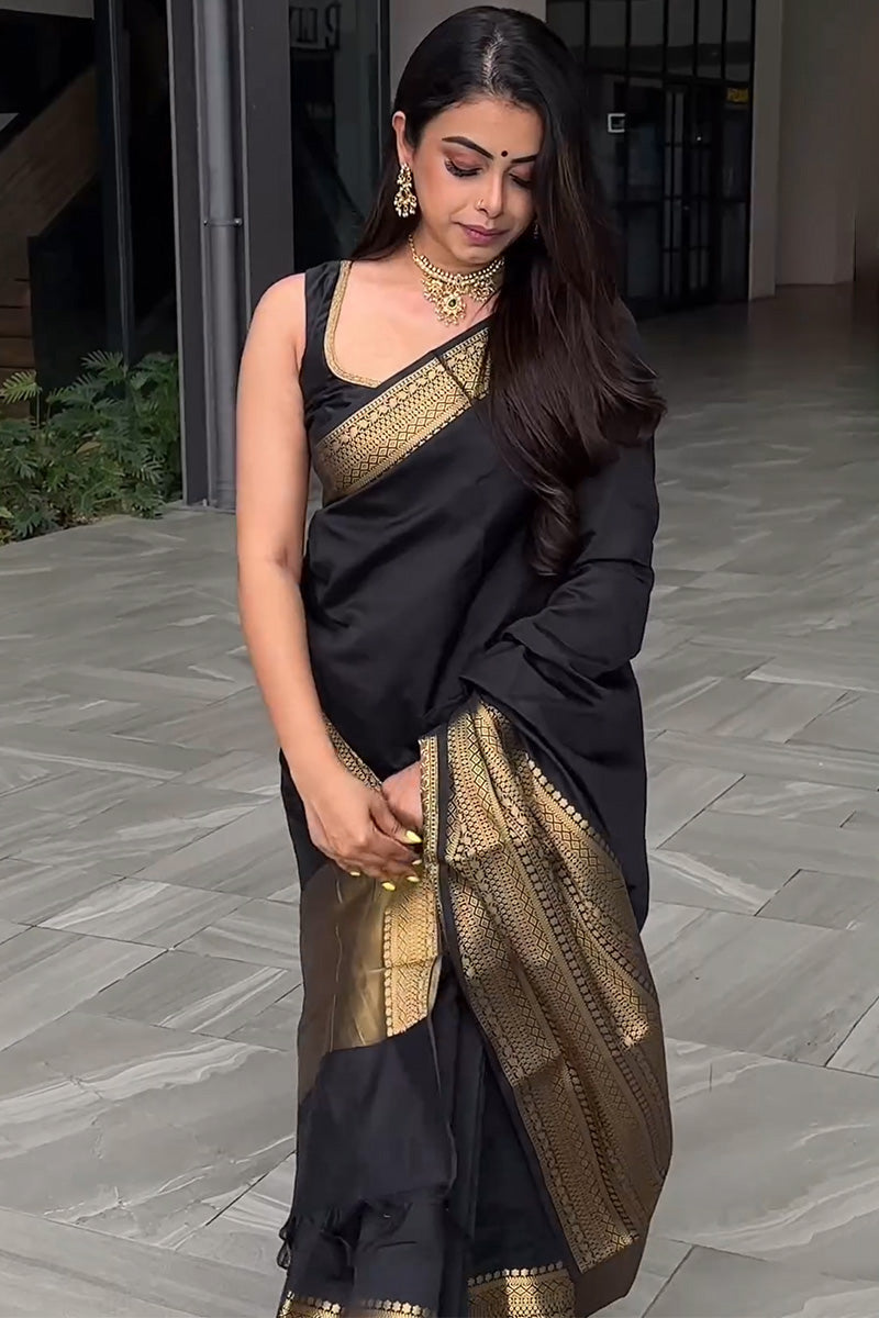 Designer Black Soft Silk Saree With Groovy Blouse Piece