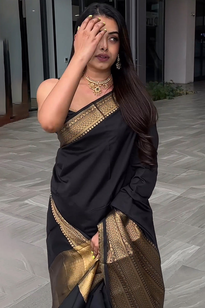 Designer Black Soft Silk Saree With Groovy Blouse Piece