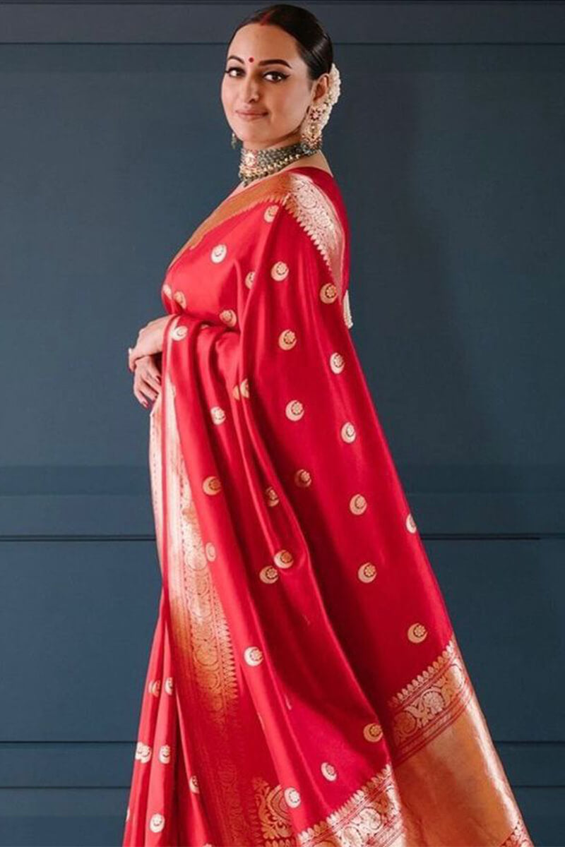 Invaluable Red Soft Silk Saree With Delightful Blouse Piece