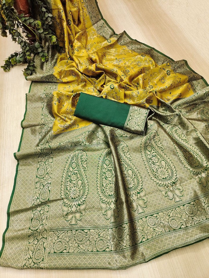 Engaging Yellow Soft Silk Saree With Tempting Blouse Piece