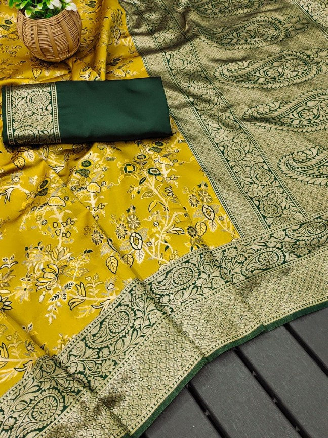 Engaging Yellow Soft Silk Saree With Tempting Blouse Piece