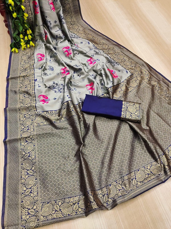 Sempiternal Grey Soft Silk Saree With Mellifluous Blouse Piece