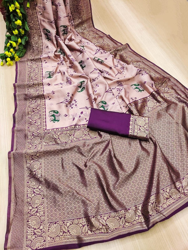 Beautiful Lavender Soft Silk Saree With Unique Blouse Piece