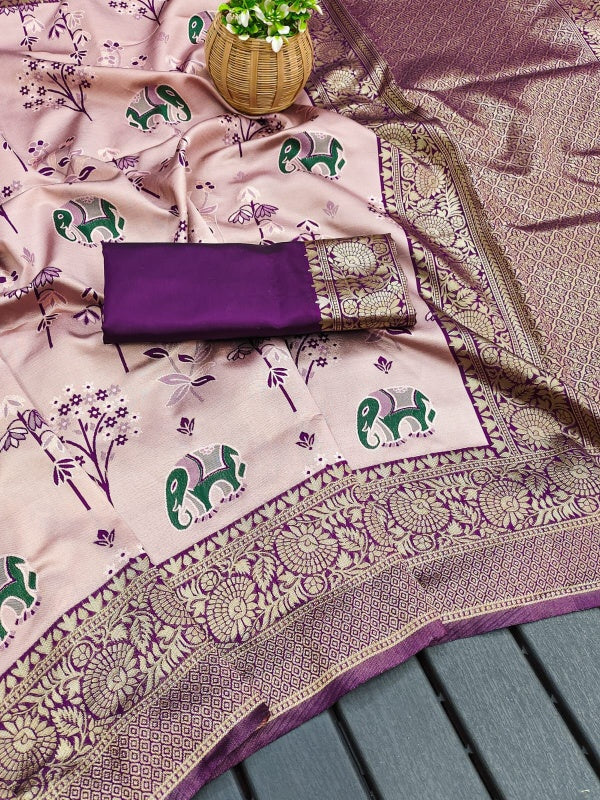 Beautiful Lavender Soft Silk Saree With Unique Blouse Piece