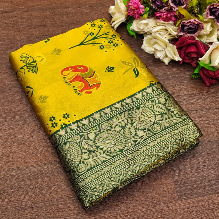 Eloquence Yellow Soft Silk Saree With Chatoyant Blouse Piece