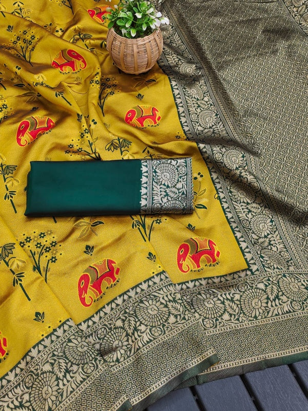 Eloquence Yellow Soft Silk Saree With Chatoyant Blouse Piece