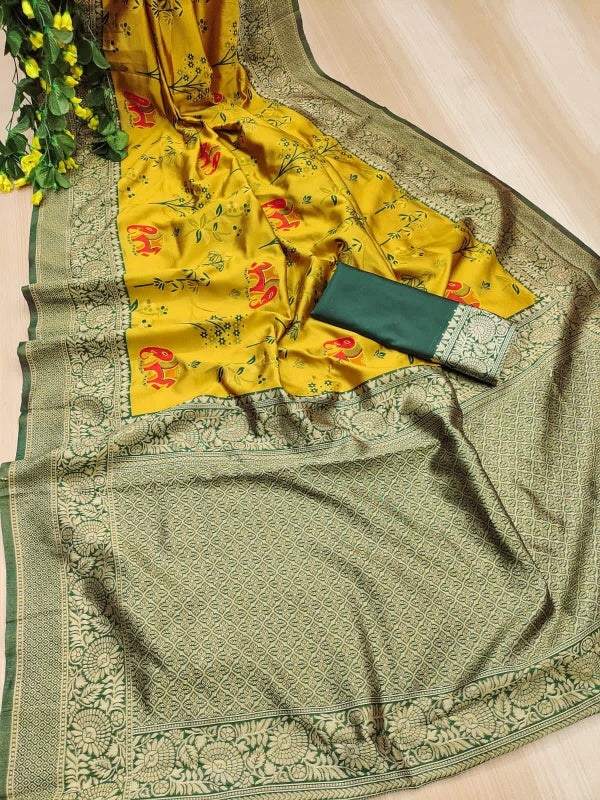 Eloquence Yellow Soft Silk Saree With Chatoyant Blouse Piece