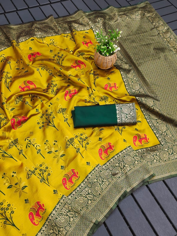 Eloquence Yellow Soft Silk Saree With Chatoyant Blouse Piece