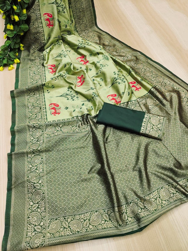 Flameboyant Pista Soft Silk Saree With Majesty Blouse Piece