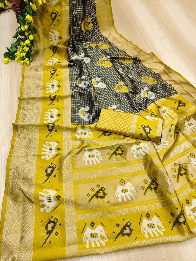 Precious Black and Yellow Soft Silk Saree With Sizzling Blouse Piece