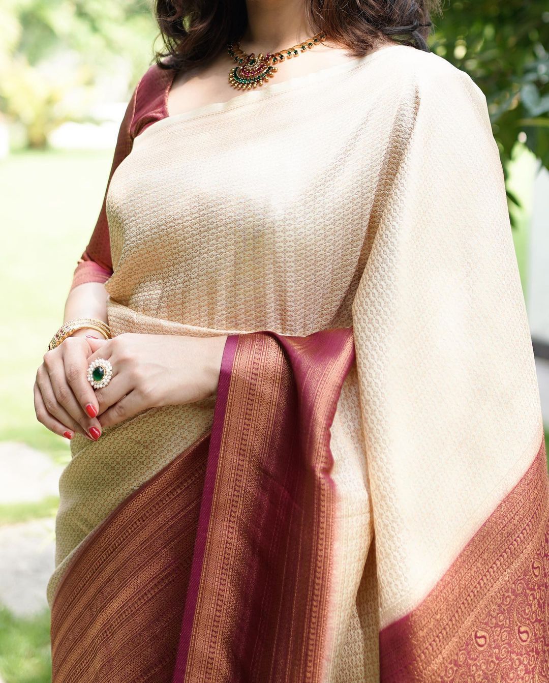 Sumptuous Beige Soft Silk Saree With Embrocation Blouse Piece