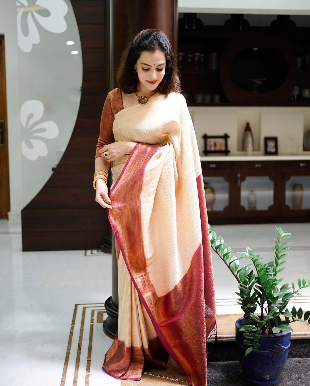 Sumptuous Beige Soft Silk Saree With Embrocation Blouse Piece