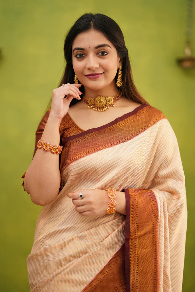 Confounding Beige Soft Banarasi Silk Saree With Adorable Blouse Piece